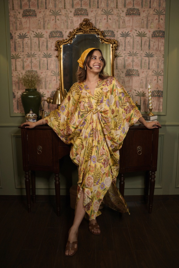The Boozy Button Sakura Yellow Satin Silk Long Kaftan