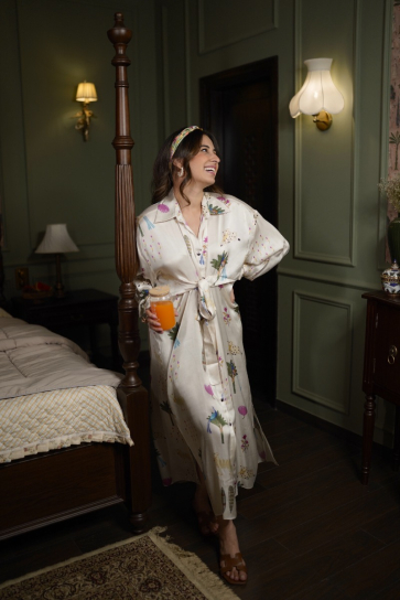 The Boozy Button Santal Noir White Satin Silk Long Kaftan