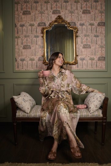 The Boozy Button Star Seed Pink Satin Silk Long Kaftan