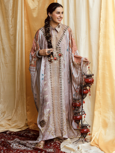 The Boozy Button Ghazala Grey Cotton Silk Festive Dress