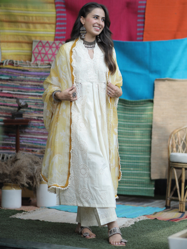 The Boozy Button Kudmayi Cutwork White Cotton Anarkali Dupatta Plazzo Co Ord Set