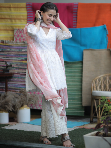 The Boozy Button Ve Kamleya Cutwork White Cotton Co Ord Set With Dupatta Plus Size