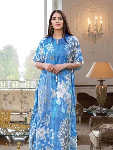 The Boozy Button Ocean Blue Cotton Silk Long Kaftan