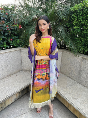 The Boozy Button Lovebird Yellow Linen Kaftan