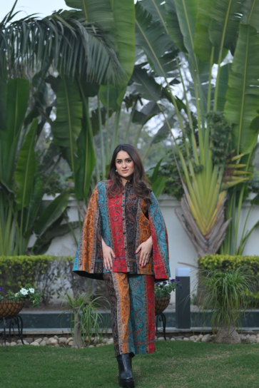 The Boozy Button Madeeha Blue Woollen Kashmiri Cape Pant Set