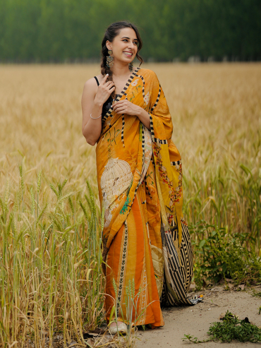 The Boozy Button Ban Ja Rani Yellow Satin Silk Saree