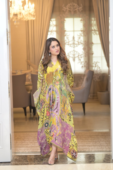 The Boozy Button Adel Yellow Satin Silk Long Kaftan