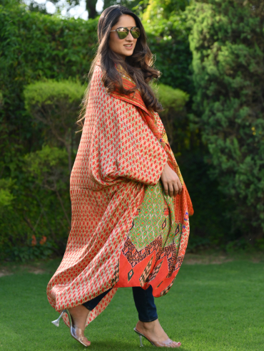 The Boozy Button Sunkissed Travel Orange Cotton Silk Travel Long Cape Co Ord Set