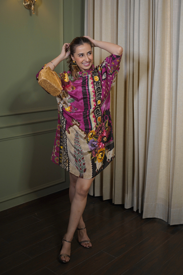 The Boozy Button Lady Bee Evening Purple Embroidery Cotton Satin Silk Dress