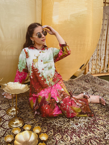 The Boozy Button Pink Linen Forest Linen Co-Ord Set