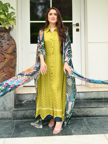 The Boozy Button Istanbul Green Cotton Silk Cape Dress Duo Co Ord Set