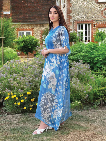 The Boozy Button Ocean Blue Cotton Silk Long Kaftan