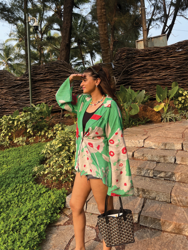 The Boozy Button Cutie Floral Green Cotton Silk Top