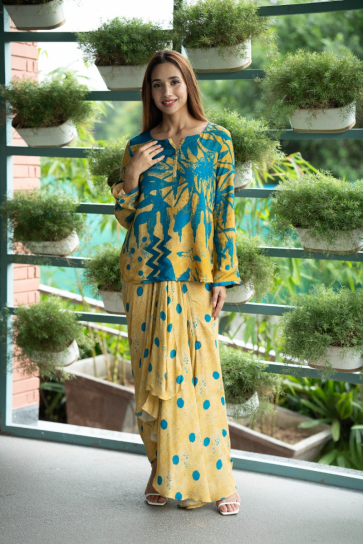 The Boozy Button Aabis Yellow Linen Dhoti Kurta Co Ord Set