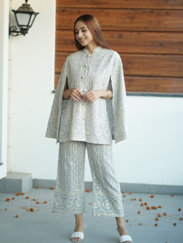The Boozy Button Carina Cream Chikankari Cape Set