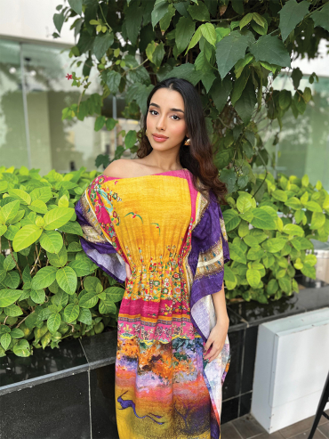 The Boozy Button Lovebird Yellow Linen Kaftan