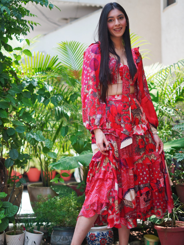 The Boozy Button Safari Red Cotton Silk Co Ord Set