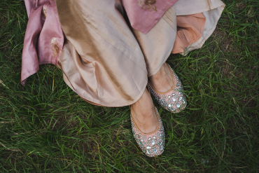Soft Pink Leather Juttis in Intricate Mirror Work & Hand Embroidery