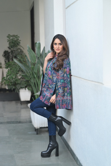The Boozy Button Nazia Blue Woollen Kashmiri Cape