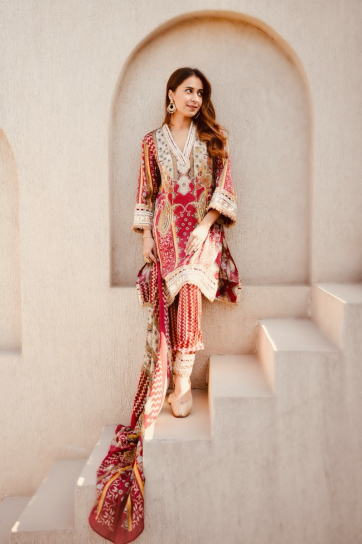 The Boozy Button Habibi Red Cotton Silk Kurta Salwar Dupatta Set