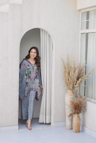 the boozy button cold brew grey silk top and pant coords