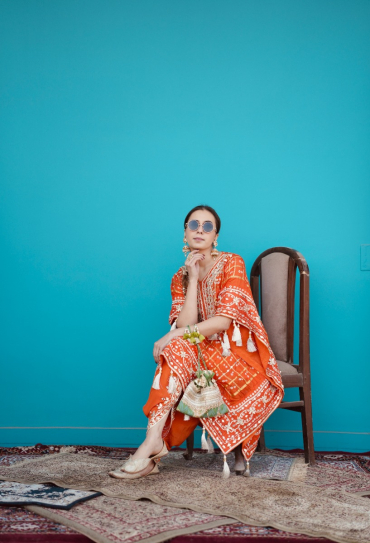 The Boozy Button Baarishein Orange Brocade Silk Kaftan Salwar