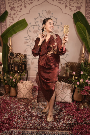 The boozy button namah red tissue silk fusion top and drape skirt