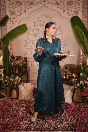 The boozy button poornima blue tissue silk gown dress