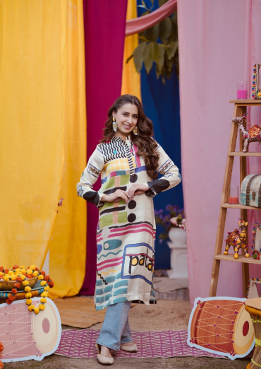 The Boozy Button Pataka Cream Cotton Silk Long Kurta