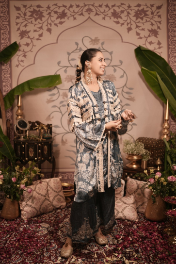 The boozy button panchami blue cotton silk long kurta pant