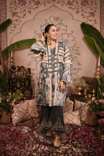 The boozy button panchami blue cotton silk long kurta pant