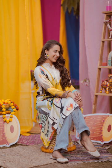 The Boozy Button Vibe Check Cream Cotton Silk Long Kurta