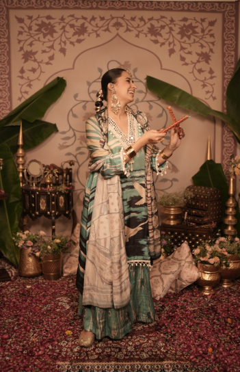 The Boozy Button Kalakand Blue Cotton Silk Kurta Pant Dupatta