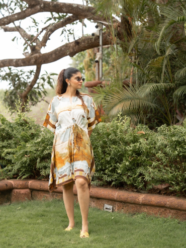 THE BOOZY BUTTON KITAAB BROWN COTTON SILK SHORT KAFTAN