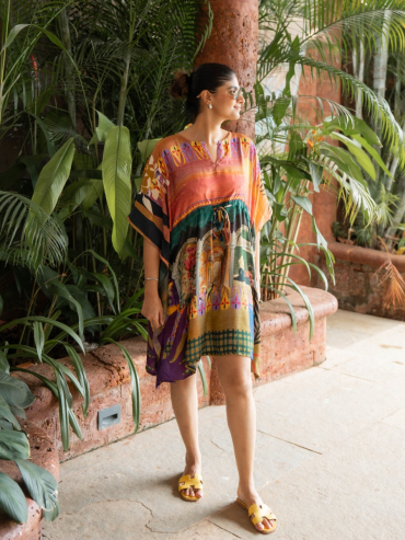 THE BOOZY BUTTON KASHNI ORANGE COTTON SILK SHORT KAFTAN