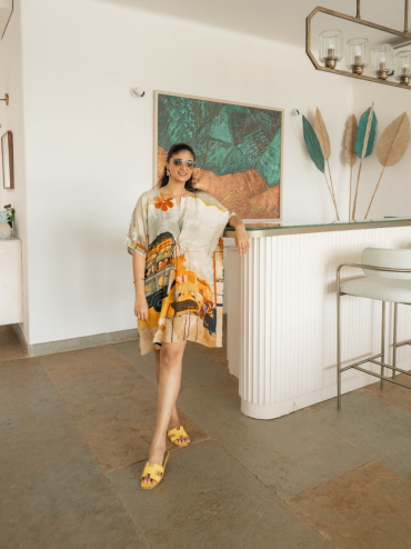 THE BOOZY BUTTON GALLAN YELLOW COTTON SILK SHORT KAFTAN