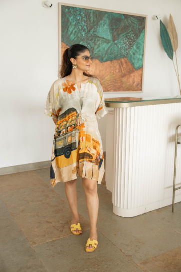 THE BOOZY BUTTON GALLAN YELLOW COTTON SILK SHORT KAFTAN