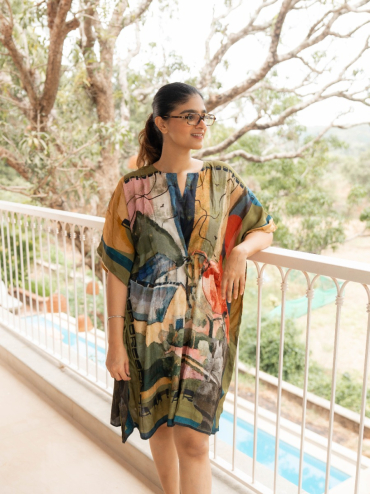 THE BOOZY BUTTON SAJNA BLUE COTTON SILK SHORT KAFTAN