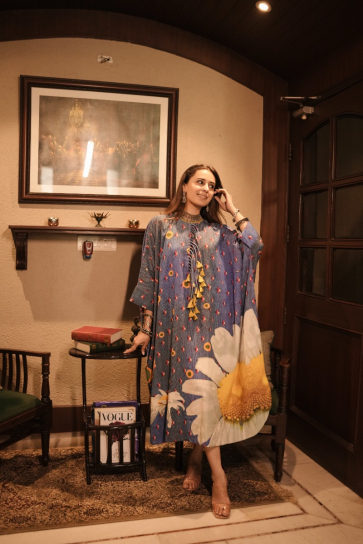 The Boozy Button Denim Blue Cotton Silk Kaftan Dress