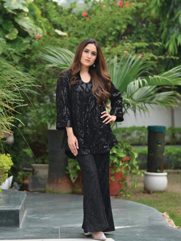 The Boozy Button Alicia Black Studded Handwork Co-ord Set