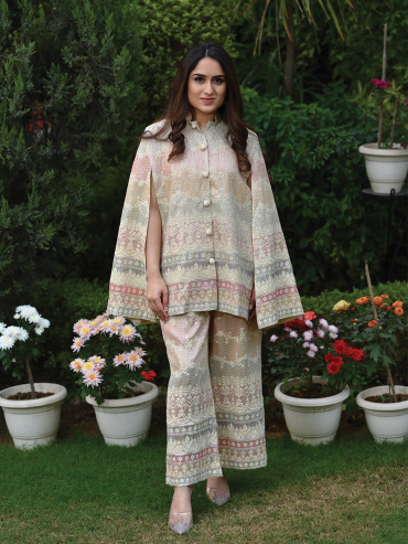 The Boozy Button Selena Cream Studded Handwork Cape Set