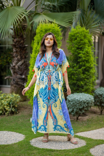 The Boozy Button Moon Blue Cotton Silk Long Kaftan