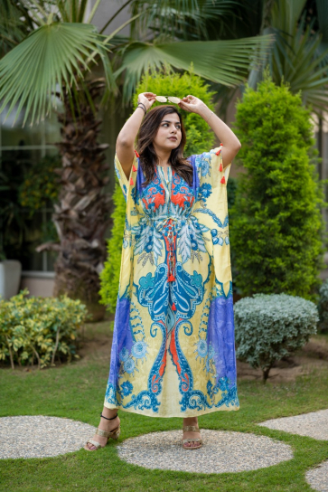 The Boozy Button Moon Blue Cotton Silk Long Kaftan