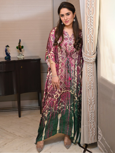 The Boozy Button Emperor Green Cotton Silk Long Kaftan