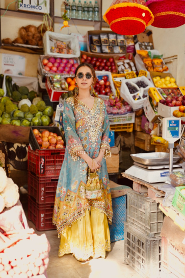 The Boozy Button Gabru Blue Brocade Silk Kaftan Salwar