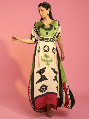 The Boozy Button Dreams Red Satin Silk Long Kaftan