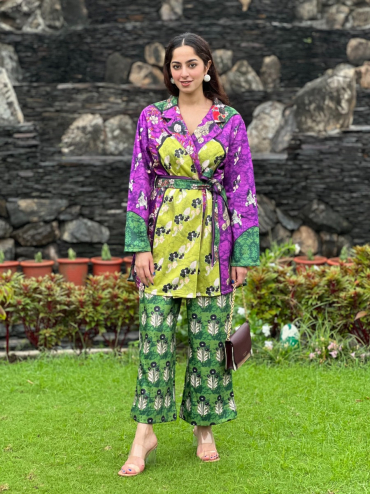 The Boozy Button Blush Green Cotton Silk Robe Pant Co Ord Set Plus Size