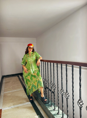 The Boozy Button Power Yoga Green Cotton Silk Short Kaftan