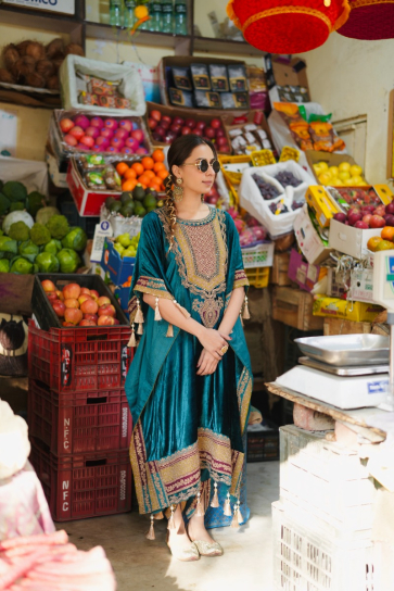 The Boozy Button Kina Chir Blue Velvet Kaftan Salwar