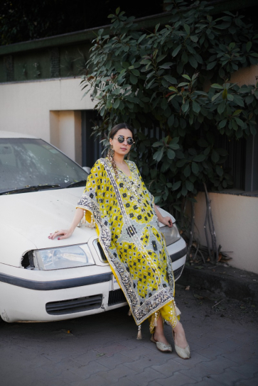 The Boozy Button Manave Yellow Brocade Silk Kaftan Salwar